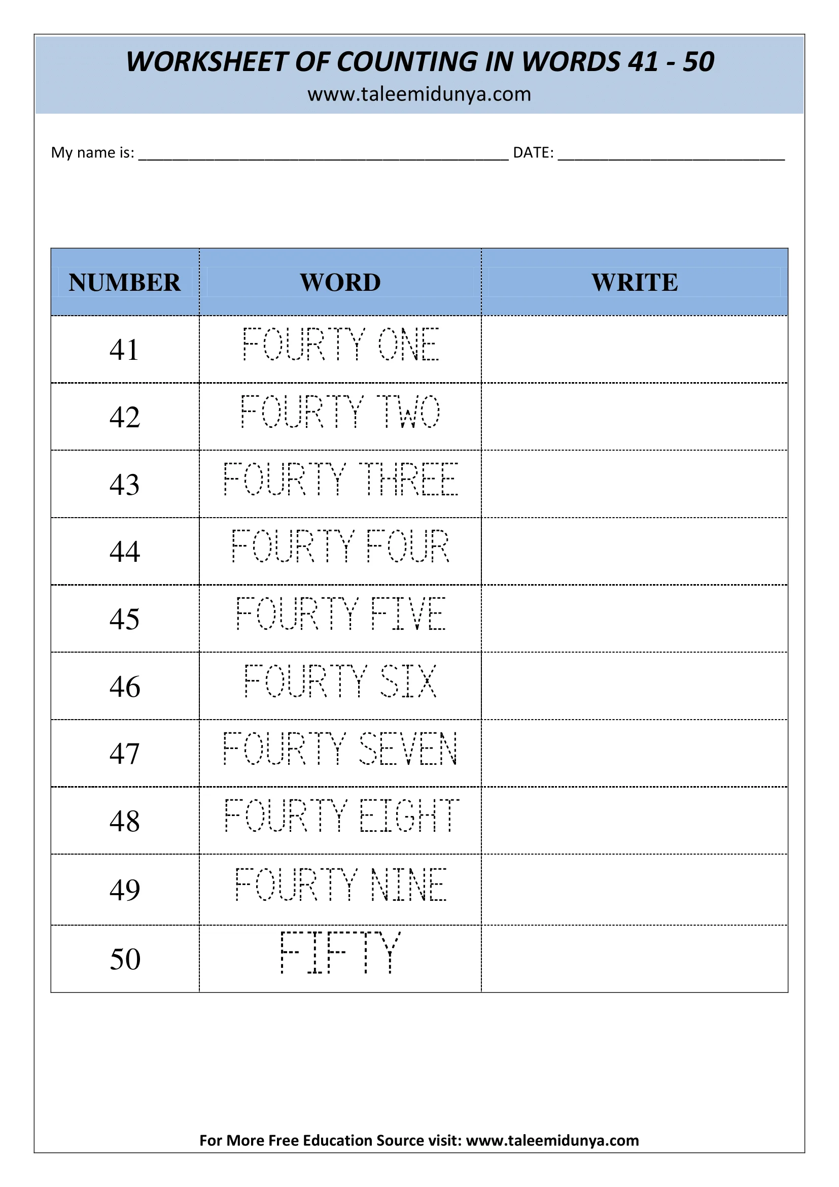 COUNTING IN WORDS 41-50